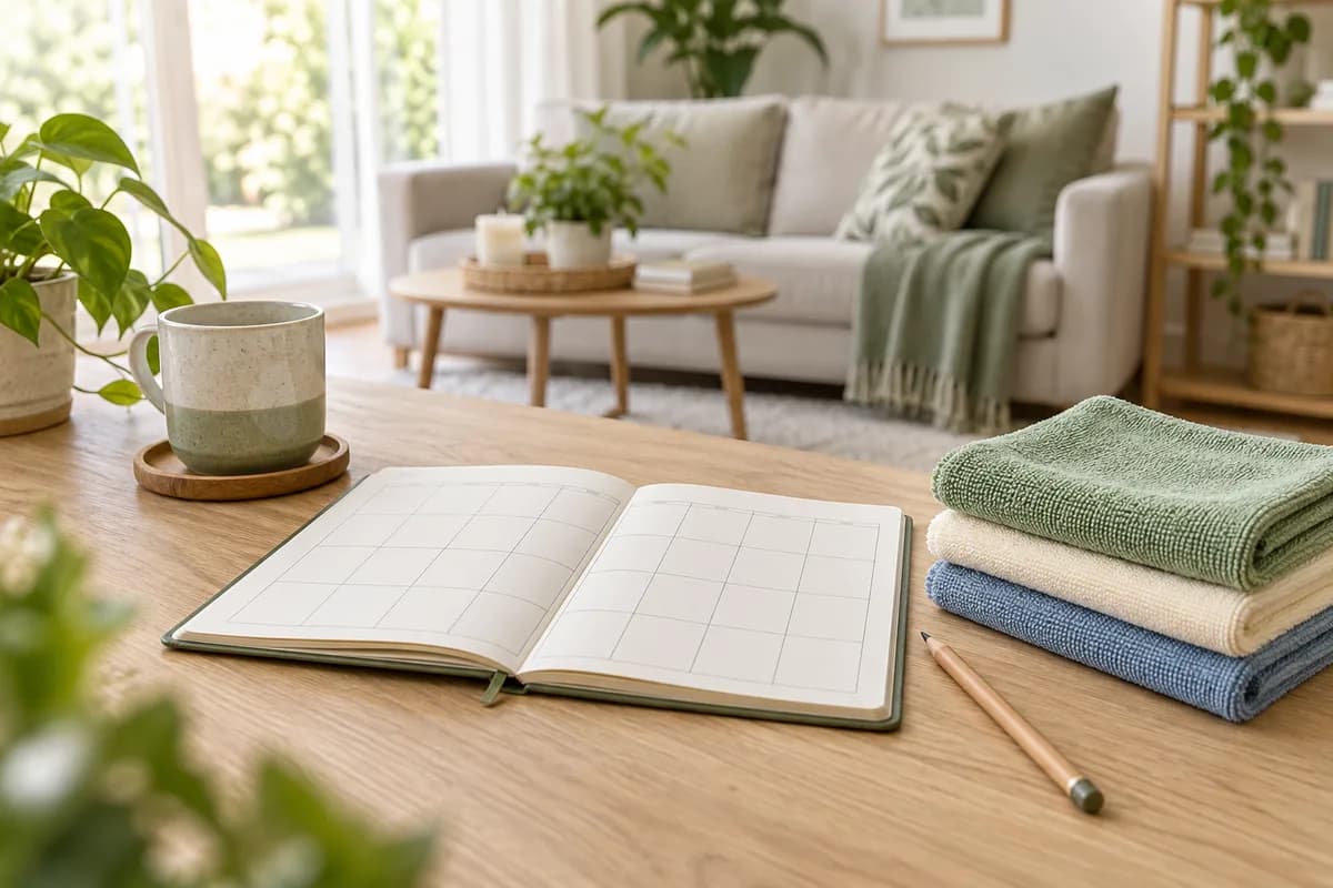 Ev temizliği görevlerini planlamak için defter, kalem ve mikrofiber bezler